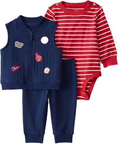 Carter's Baby Boys' 3 Piece Plaid Patch Little Vest Set (Yellow/White/Grey Hooded, 18 Months) in Kuwait