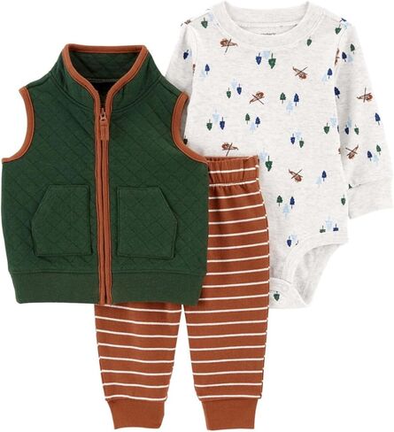 Carter's Baby Boys' 3 Piece Plaid Patch Little Vest Set (Yellow/White/Grey Hooded, 18 Months) in Kuwait