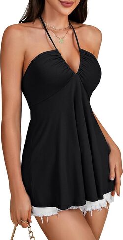 Rooscier Women's Drawstring Halter V Neck Backless Sleeveless Flare Ruched Cami Tank Tops Black X-Large in Saudi Arabia