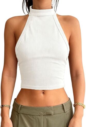 Naileksi Women Y2K Mock Neck Crop Halter Tank Top Casual Sleeveless Ribbed Knit Cami Shirt Sexy Backless Skinny Camisole in Kuwait