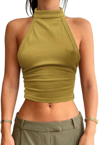 Naileksi Women Y2K Mock Neck Crop Halter Tank Top Casual Sleeveless Ribbed Knit Cami Shirt Sexy Backless Skinny Camisole in Kuwait