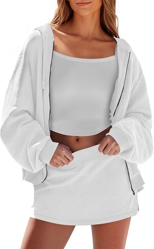 Fisoew Womens 2 Piece Outfits Sweatsuits Loose Fit Zip Up Hoodies Sweatshirt Casual Mini Skorts Fall Tracksuits Skirt Sets in Saudi Arabia