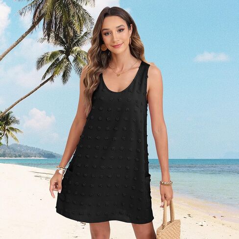 Women's Casual Summer Dresses Swiss Polka Dot Swimsuit Cover Up V Neck Tank Beach Dress with Pockets in Saudi Arabia