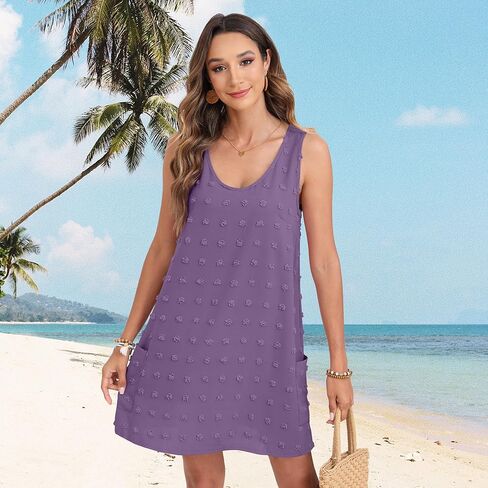 Women's Casual Summer Dresses Swiss Polka Dot Swimsuit Cover Up V Neck Tank Beach Dress with Pockets in Saudi Arabia