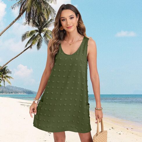 Women's Casual Summer Dresses Swiss Polka Dot Swimsuit Cover Up V Neck Tank Beach Dress with Pockets in Saudi Arabia