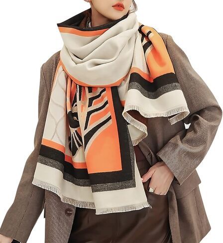 LumiSyne Winter Scarf Cashmere Shawl For Women Color Splicing Animal Pattern Fringed Warm Pashmina Soft Wool Thickened Wrap in Saudi Arabia