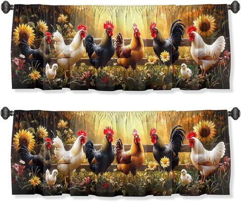 Rooster Valance Curtain for Windows 2 Pack, Farm Chicken Sunflower Garden Art Rod Pocket Printed Curtain Valances Short Tier Curtains for Living Room Bathroom Bedroom 54x18 Inch in Saudi Arabia
