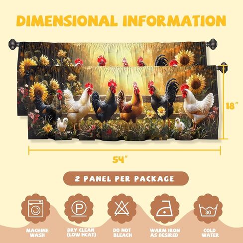 Rooster Valance Curtain for Windows 2 Pack, Farm Chicken Sunflower Garden Art Rod Pocket Printed Curtain Valances Short Tier Curtains for Living Room Bathroom Bedroom 54x18 Inch in Saudi Arabia