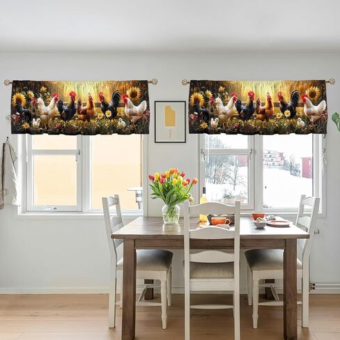 Rooster Valance Curtain for Windows 2 Pack, Farm Chicken Sunflower Garden Art Rod Pocket Printed Curtain Valances Short Tier Curtains for Living Room Bathroom Bedroom 54x18 Inch in Saudi Arabia