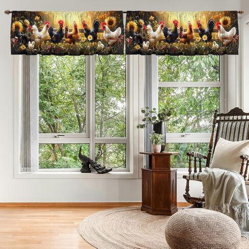 Rooster Valance Curtain for Windows 2 Pack, Farm Chicken Sunflower Garden Art Rod Pocket Printed Curtain Valances Short Tier Curtains for Living Room Bathroom Bedroom 54x18 Inch in Saudi Arabia