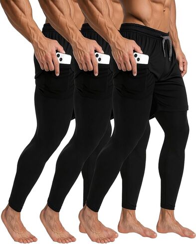 Cutecrop 3 Pcs Men's 2 in 1 Athletic Running Pants Quick Dry Workout Compression Pants with Pockets Towel Loop in Kuwait