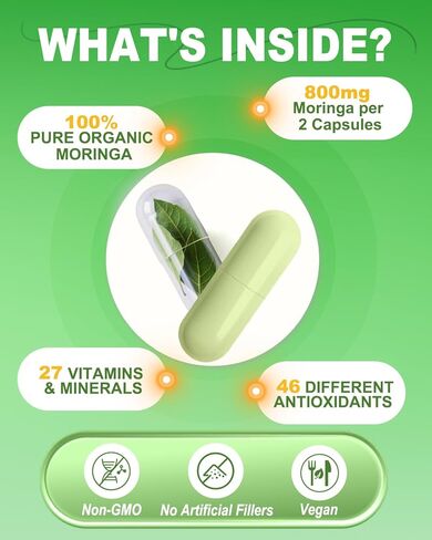 Moringa Capsules – 800mg Pure Moringa Powder Supplement – 60 Capsules for Natural Energy, Immune System, Skin & Gut Health Support, Green Antioxidant Superfood, Essential Vitamins & Amino Acids in Saudi Arabia