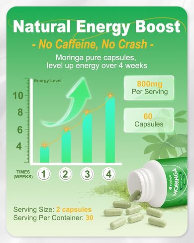 Moringa Capsules – 800mg Pure Moringa Powder Supplement – 60 Capsules for Natural Energy, Immune System, Skin & Gut Health Support, Green Antioxidant Superfood, Essential Vitamins & Amino Acids in Saudi Arabia