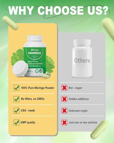 Moringa Capsules – 800mg Pure Moringa Powder Supplement – 60 Capsules for Natural Energy, Immune System, Skin & Gut Health Support, Green Antioxidant Superfood, Essential Vitamins & Amino Acids in Saudi Arabia