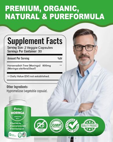 Moringa Capsules – 800mg Pure Moringa Powder Supplement – 60 Capsules for Natural Energy, Immune System, Skin & Gut Health Support, Green Antioxidant Superfood, Essential Vitamins & Amino Acids in Saudi Arabia