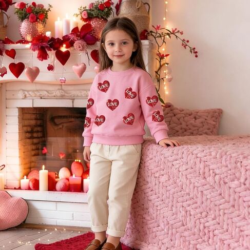 Eatbook Toddler Girl Valentine Sweatshirt Sequin Kids Valentine's Day Shirt Valentine Tshirt Heart Crewneck Sweatshirt in Saudi Arabia