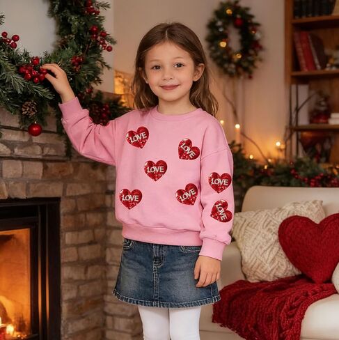 Eatbook Toddler Girl Valentine Sweatshirt Sequin Kids Valentine's Day Shirt Valentine Tshirt Heart Crewneck Sweatshirt in Saudi Arabia