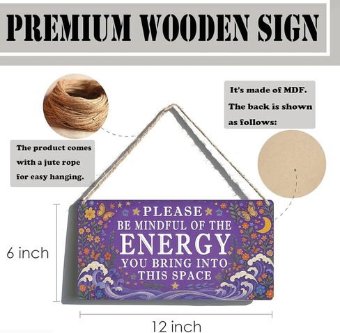 Spiritual Wall Decor Positive Energy Sign - Please Be Mindful of the Energy You Bring Sign -Good Vibes Only Sign Zen Decor for Home, Yoga Room, Meditation Space, Bedroom Door Hanging Signs 12x6 Inch in Saudi Arabia