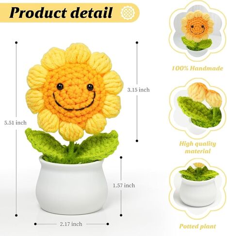 Crochet Potted Sunflower Flowers Knitted: Handmade Knitted Flower for Decorations Car Dashboard Desk Decor in Saudi Arabia