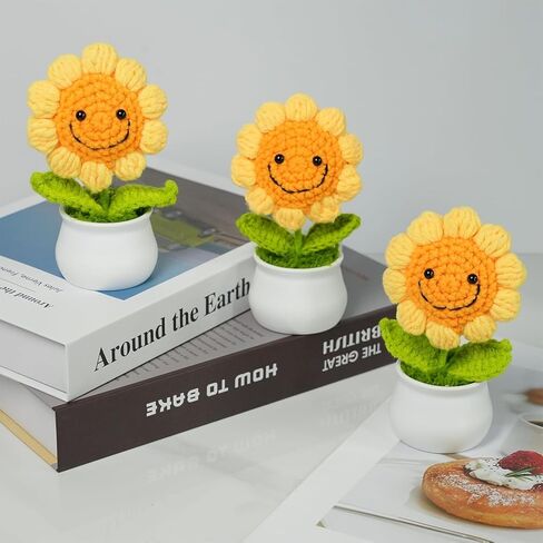 Crochet Potted Sunflower Flowers Knitted: Handmade Knitted Flower for Decorations Car Dashboard Desk Decor in Saudi Arabia