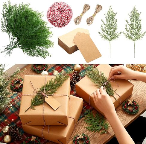 ctosree 50 مجموعات عيد الميلاد يختار الخضرة لتغليف الهدايا DIY الحرف عيد الميلاد الزهور يختار كرافت العلامات الصنوبر الاصطناعي أوراق فروع 1 لفات خيوط القطن لعيد الميلاد عطلة هدية التفاف in Saudi Arabia