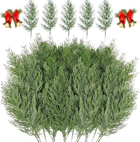 JK-GMTE Artificial Pine Branches,30 Pcs Christmas Faux Cedar Stems, Artificial Faux Cedar Branches, Fake Christmas Greenery Pine Picks for Wreath Craft DIY Home Kitchen Decorations in Kuwait
