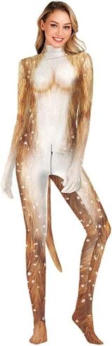 Sipumia Women Halloween Bodysuit Chest Animal Printed Cosplay Skinny Catsuit Fullbody Jumpsuit Costumes with Tail in Kuwait