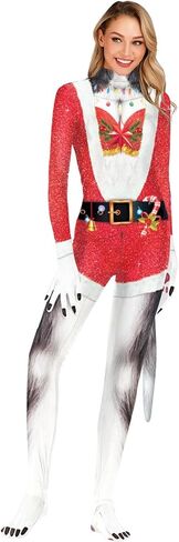 Sipumia Women Halloween Bodysuit Chest Animal Printed Cosplay Skinny Catsuit Fullbody Jumpsuit Costumes with Tail in Kuwait