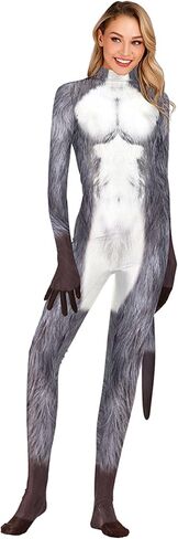 Sipumia Women Halloween Bodysuit Chest Animal Printed Cosplay Skinny Catsuit Fullbody Jumpsuit Costumes with Tail in Kuwait