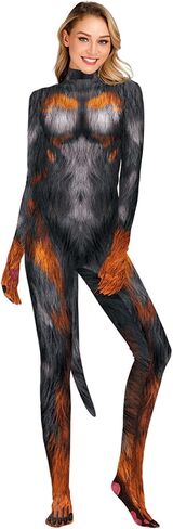 Sipumia Women Halloween Bodysuit Chest Animal Printed Cosplay Skinny Catsuit Fullbody Jumpsuit Costumes with Tail in Kuwait