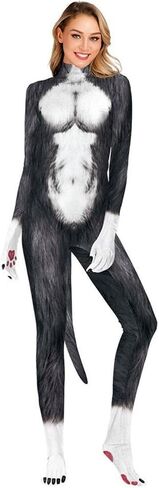 Sipumia Women Halloween Bodysuit Chest Animal Printed Cosplay Skinny Catsuit Fullbody Jumpsuit Costumes with Tail in Kuwait
