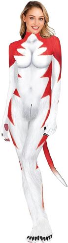 Sipumia Women Halloween Bodysuit Chest Animal Printed Cosplay Skinny Catsuit Fullbody Jumpsuit Costumes with Tail in Kuwait