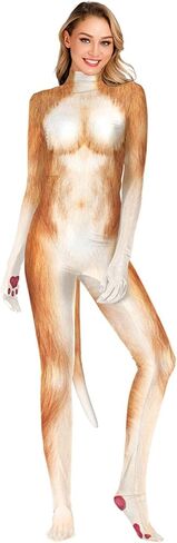 Sipumia Women Halloween Bodysuit Chest Animal Printed Cosplay Skinny Catsuit Fullbody Jumpsuit Costumes with Tail in Kuwait
