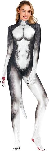 Sipumia Women Halloween Bodysuit Chest Animal Printed Cosplay Skinny Catsuit Fullbody Jumpsuit Costumes with Tail in Kuwait
