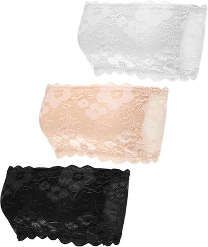 3 Pcs Lace Tube Top Bra, Strapless Lace Bandeau Bra Stretchy Tube Top Bras for Low Neckline Cleavage Cover Strapless Bras Bandeau Chest Wrap (White, Black, Beige) in Saudi Arabia