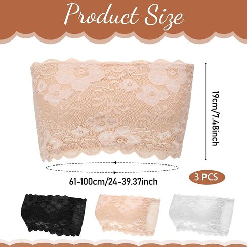 3 Pcs Lace Tube Top Bra, Strapless Lace Bandeau Bra Stretchy Tube Top Bras for Low Neckline Cleavage Cover Strapless Bras Bandeau Chest Wrap (White, Black, Beige) in Saudi Arabia