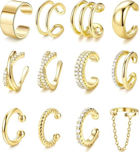 LOLIAS 12Pcs Ear Cuffs Non Piercing - 14K Gold Plated Ear Cuff Earrings for Women Adjustable Earring Cuffs for Non Pierced Ears Clip on Cartilage Earring Fake Earrings Set in Saudi Arabia