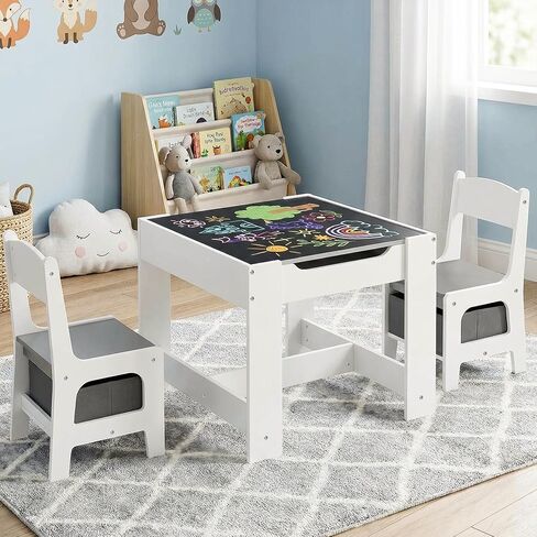 Arlopu Kids Table and Chair Set, 4 in 1 Wooden Activity Desk, w/Blackboard, Storage, 2 in 1 Tabletop for Toddlers Art Crafts Drawing Reading Playroom, Natural in Kuwait