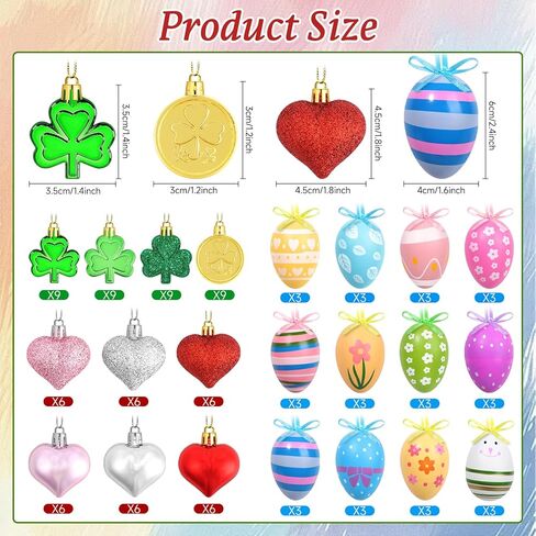 Valentines Day Decor Tree Ornaments Set, 108 PCS Hanging Ornaments for Valentine's Day St Patricks Easter, Romantic Decor Glitter Heart Shamrock Easter Egg for Home Wedding Dinner Gifts Party Table in Saudi Arabia