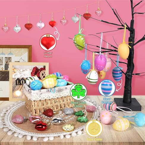 Valentines Day Decor Tree Ornaments Set, 108 PCS Hanging Ornaments for Valentine's Day St Patricks Easter, Romantic Decor Glitter Heart Shamrock Easter Egg for Home Wedding Dinner Gifts Party Table in Saudi Arabia