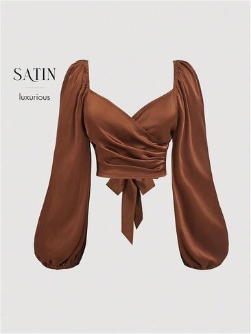 Floerns Women's Plus Size Satin Dressy Blouse Cross Wrap Tie Back Casual Tops in Saudi Arabia
