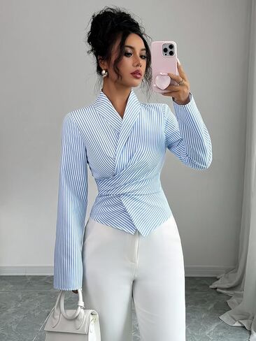 2025 Womens Long Sleeve Button Up Shirt Fall Single-Breasted Striped Casual Blouse Tops in Saudi Arabia