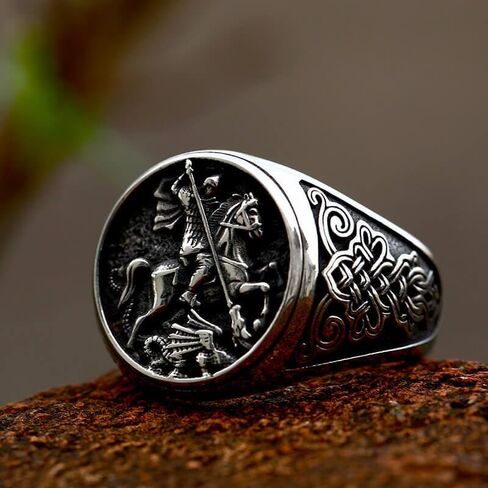 St. George and the Dragon Stainless Steel Ring – Bold Design, Comfortable Fit – Religious Symbol of Strength and Courage – Great for Men Size 7-13 in Saudi Arabia