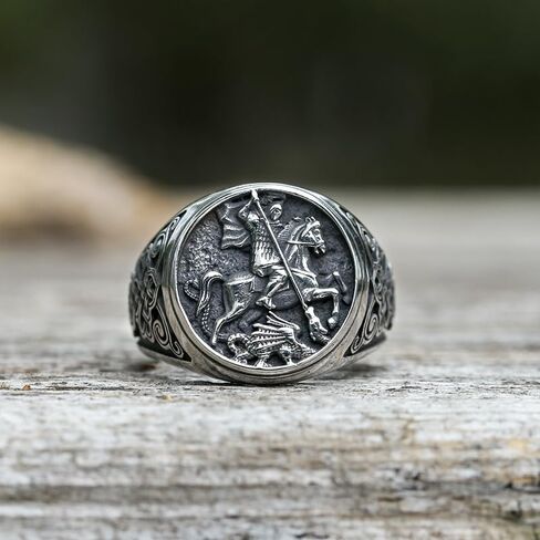 St. George and the Dragon Stainless Steel Ring – Bold Design, Comfortable Fit – Religious Symbol of Strength and Courage – Great for Men Size 7-13 in Saudi Arabia
