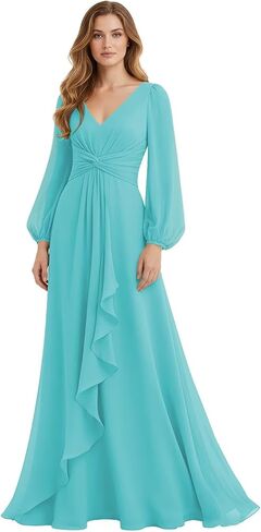 فساتين وصيفة العروس شيفون مكشكشة من WENKAFO للنساء بأكمام طويلة مطوي فساتين رسمية على شكل حرف a فستان سهرة in Kuwait