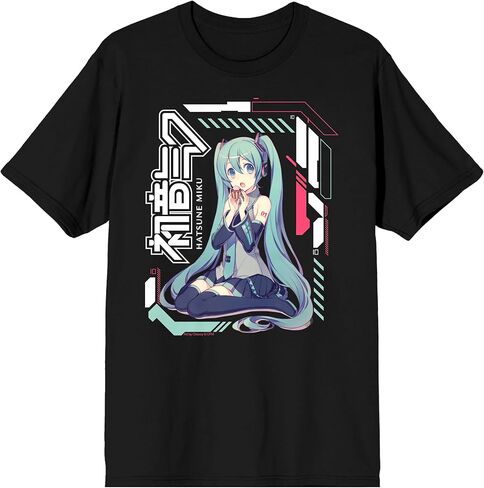 تي شيرت Bioworld Hatsune Miku بأنماط مستقبلية للبالغين برقبة دائرية سوداء وأكمام قصيرة - متوسط in Saudi Arabia