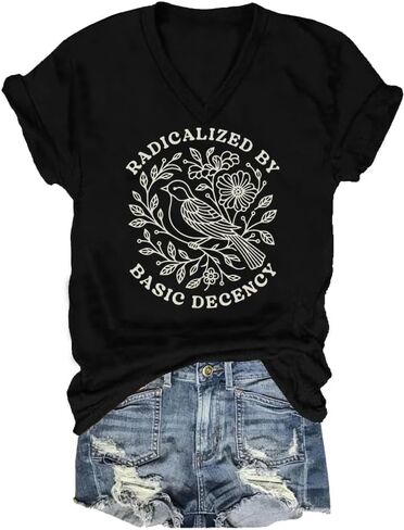 Radicalized by Basic Decency Shirt Funny Social Democracy Tops Bird Floral Graphic V Neck Shirt in Saudi Arabia