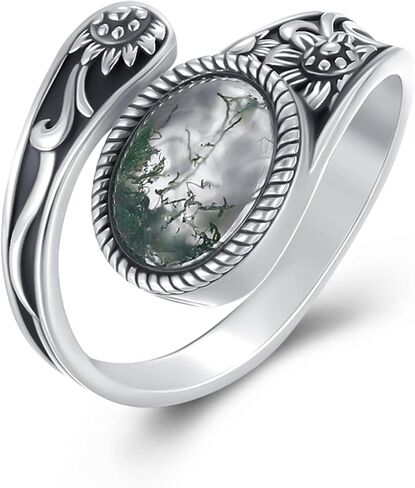 OHAYOO Sterling Silver Moss Agate Sunflower Spoon Ring Vintage Thumb Ring Bohemian Adjustable Open Rings Boho Victorian Vintage Flower Thumb Statement Rings Jewelry Gifts for Women in Kuwait
