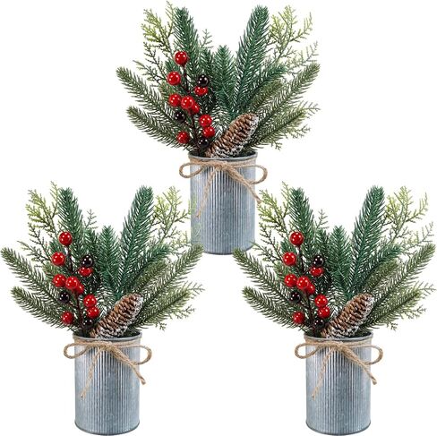 Winlyn 3 Pack Christmas Artificial Potted Plants Christmas Greenery Red Berry and Snowy Pinecone in Small Rustic Galvanized Metal Pot Farmhouse Centerpiece for Holiday Winter Home Tiered Tray Tabletop in Saudi Arabia