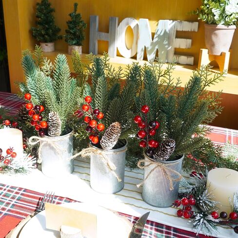Winlyn 3 Pack Christmas Artificial Potted Plants Christmas Greenery Red Berry and Snowy Pinecone in Small Rustic Galvanized Metal Pot Farmhouse Centerpiece for Holiday Winter Home Tiered Tray Tabletop in Saudi Arabia